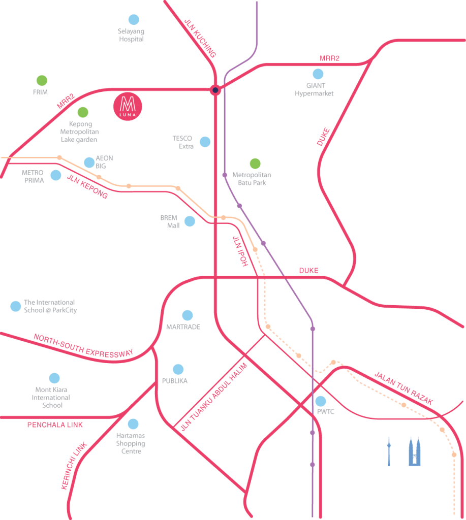 M Luna is surrounded with amenities such as Kepong Metropolitan Lake, Forest Research Institute Malaysia (FRIM), commercial areas, and schools
