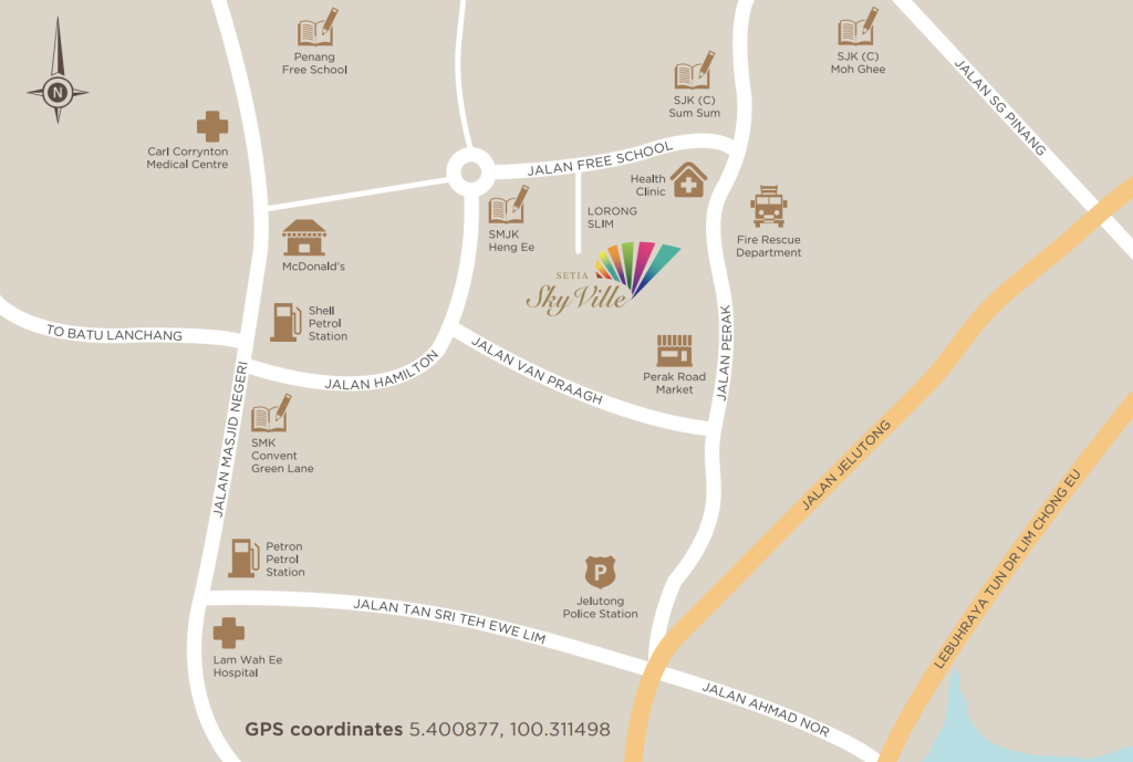 Setia Sky Ville is easily accessible via major roads such as Jalan Masjid Negeri, Jalan Perak, Jalan Free School and the Jelutong Expressway.