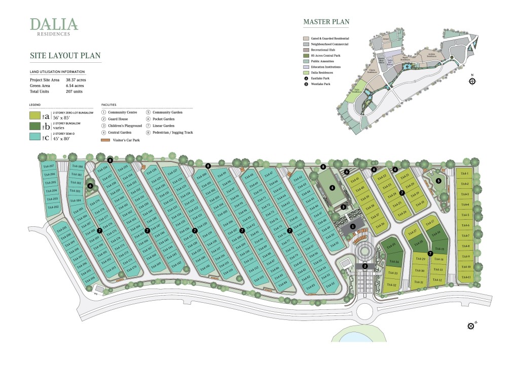 Dalia Residences comprises 166 units of two-storey semi-d homes (45’ x 80’), 36 units of two-storey zero-lot bungalows (56’ x 85’) and 5 units of two-storey bungalows.