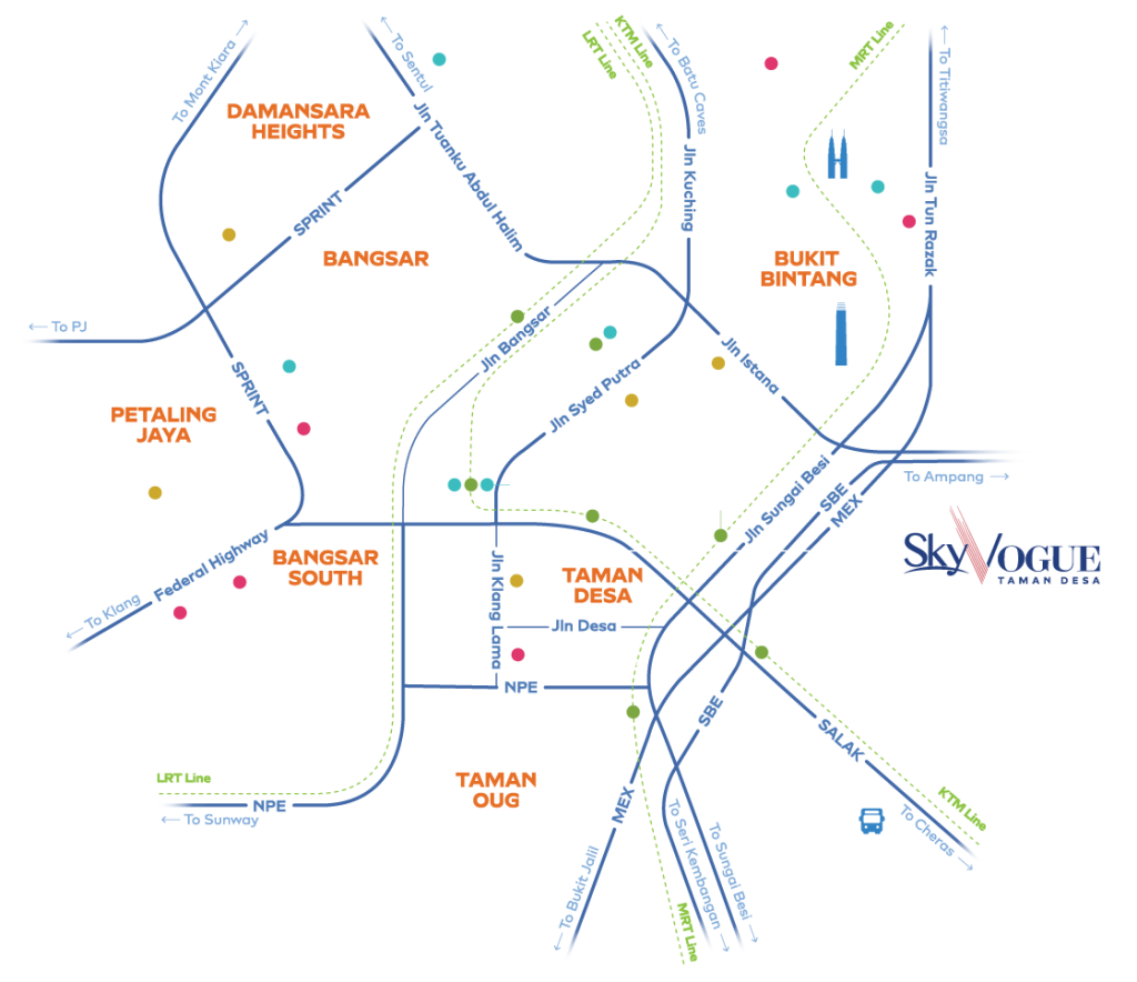  SkyVogue Residence sits well-connected between Kuala Lumpur and Petaling Jaya via major highways, surrounded by amenities and an affluent community. 