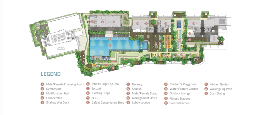 KL Trillion has many facilities and features, including a jacuzzi, lawn area, outdoor lounge, community space, water features, barbeque area, and drop-off area.
