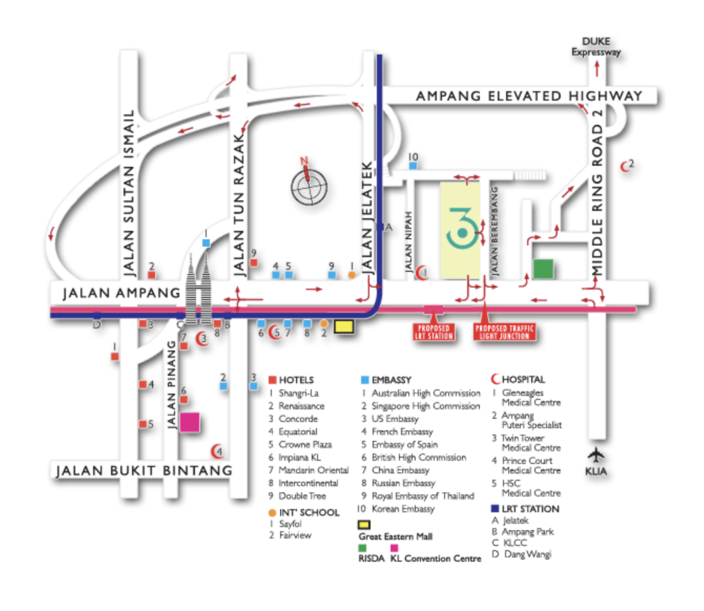 3Towers is located in the busy Ampang, and it is accessible to various areas via Jalan Ampang to connect to Jalan Tun Razak