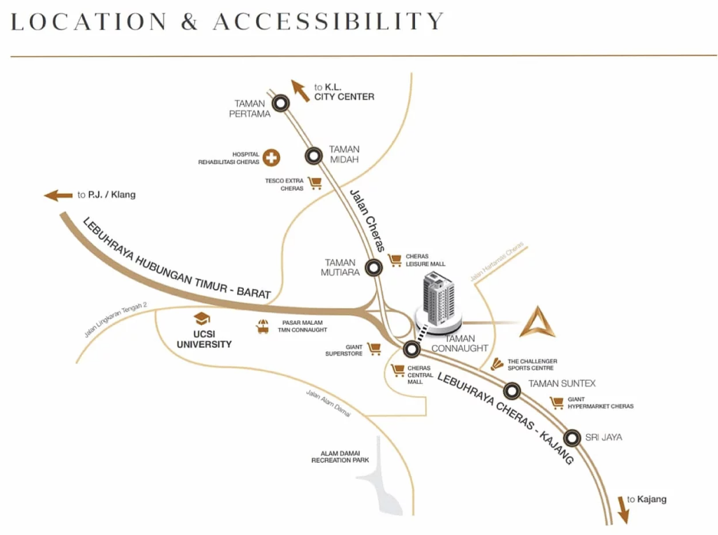 The development land is in between Taman Cheras Hartamas and MRT Taman Connaught (SBK26). In fact, Aster Residence has a 56-metre dedicated link bridge to the Taman Connaught MRT station.