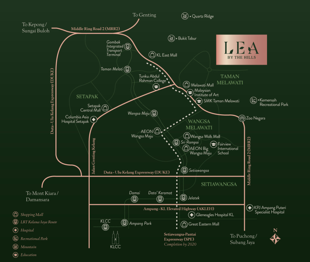 LEA By The Hills is accessible via highways such as the Middle Ring Road 2 (MRR2), Duta-Ulu Klang Expressway (DUKE), Ampang-Kuala Lumpur Elevated Highway (AKLEH), and Setiawangsa Pantai Expressway (SPE). 