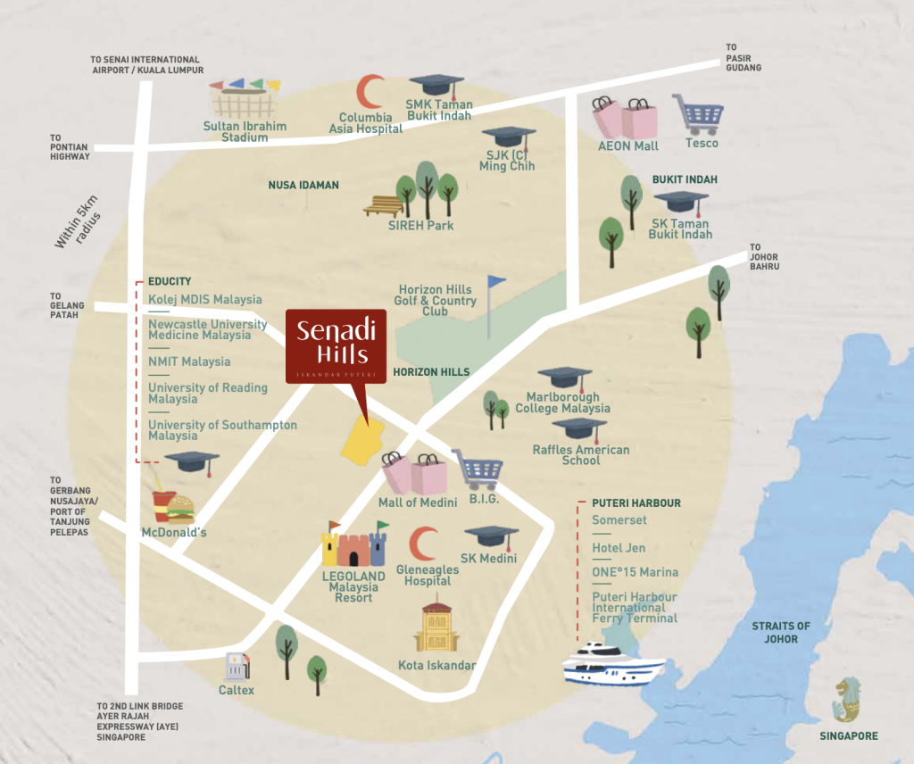 Senadi Hills is located in Iskandar Puteri, next to the interchange of Lebuh Kota Iskandar and Jalan Ismail Sultan (Iskandar Coastal Highway). 