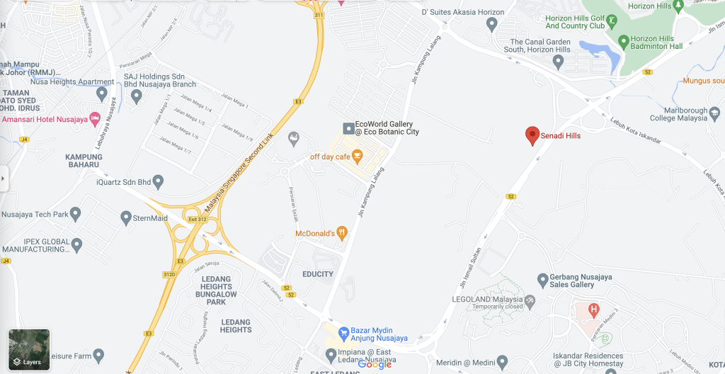 Senadi Hills is located in Iskandar Puteri, next to the interchange of Lebuh Kota Iskandar and Jalan Ismail Sultan (Iskandar Coastal Highway). 