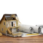 Concept of construction. 3d render of house in building process