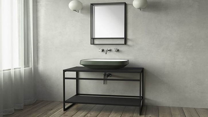 Meja wastafel besi apalagi yang berwarna hitam penuh mampu menghadirkan nuansa kuat ke kamar mandi Anda. Sumber: Pinterest - Archiproducts