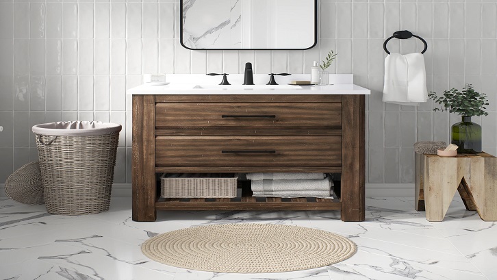 Sebagai bonus, dua laci di nakas berfungsi baik untuk menyimpan barang kamar mandi Anda. Sumber: Lowes.com