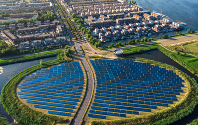 An example of a modern sustainable neighbourhood in Almere, The Netherlands. The city heating in the district is partially powered by a solar panel island.